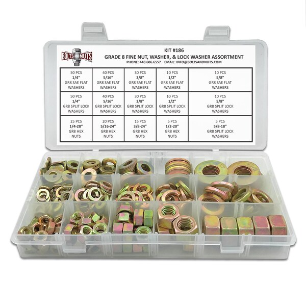 Boltsandnuts.Com Inch Grade 8 Fine Hex Nut, Flat & Lock Washers Assortment - 351 Pcs Assortment Kit #186 - main